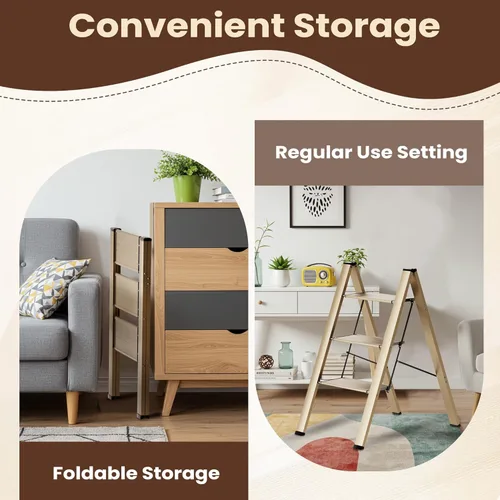 Miniatura 6 de FlyGeneral Escalera de 3 escalones, taburete plegable de escalera, dorado, peldaños antideslizantes más anchos y mejorados, escalera portátil ligera