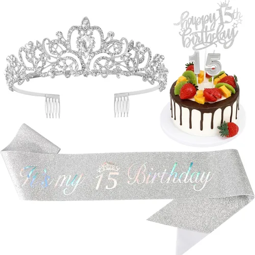 Decoraciones de cumpleaños número 15 para niñas, incluyendo tiara de corona de diamantes de imitación, banda con purpurina, adorno para pastel de
