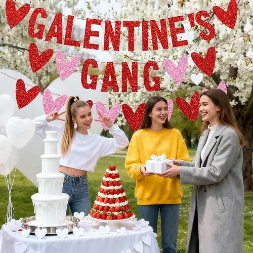 Miniatura 6 de 3 piezas de decoración del día de los galentinos, pancarta con purpurina de la banda de Galentine con guirnalda de corazón de amor, decoración