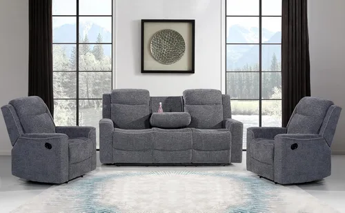 Betsy Furniture Juego de sofá reclinable manual de microfibra suave, sofá con mesa desplegable, dos sillones reclinables, gris carbón 9111 (gris