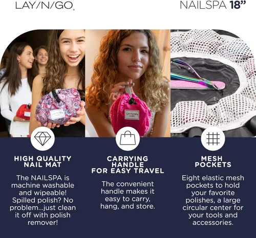Miniatura 4 de Lay-n-Go NailSpa - Bolsa de cosméticos con cordón - Organizador portátil de suministros para uñas con 8 bolsillos elásticos de malla y centro What A