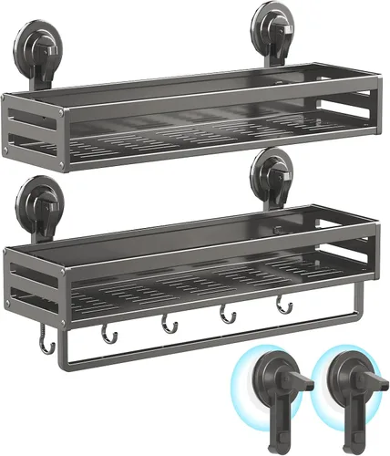 Miniatura 9 de Soporte de ducha con ventosa, estante de ducha de succión de 11.8 pulgadas con ganchos, soporte de baño sin perforación, organizador de baño a