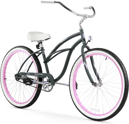 Miniatura 24 de Sixthreezero Urban Lady Beach Cruiser - Bicicleta híbrida de 3 velocidades para mujer Verde militar con llantas rosadas con asiento negro/puños