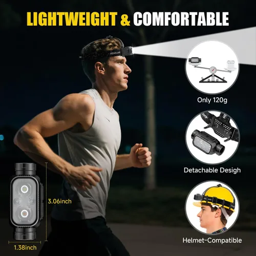 Miniatura 4 de Paquete de 1 linterna LED ultraligera desmontable, linterna recargable USB-C con sensor de movimiento y luz de advertencia, lámpara de cabeza