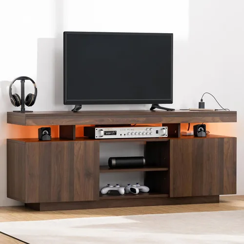 Miniatura 12 de HOMMPA Soporte de TV LED de 70 pulgadas con tomas de corriente, moderno centro de entretenimiento con luces LED para sala de estar, gabinete Negro