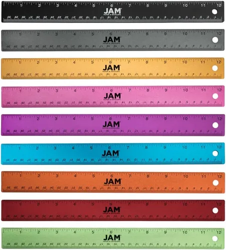JAM PAPER Reglas de aluminio fuertes, 12 pulgadas, reglas de metal con respaldo de corcho antideslizante, surtido de todos los colores, paquete de 9