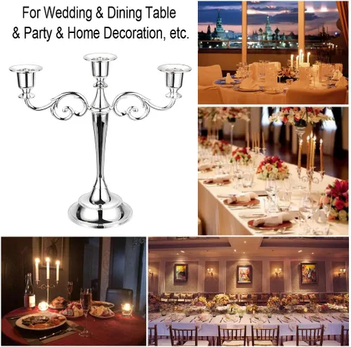 Miniatura 7 de OwnMy Candelabro de metal de 3 brazos, soporte de vela elegante para boda, mesa de comedor, Navidad, fiesta, decoración del hogar (tono plateado)