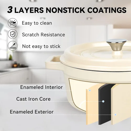 Miniatura 5 de Miereirl Olla Holandesa Esmaltada de 6.5 Cuartos con Tapa, Olla Holandesa de Hierro Fundido con Asas Dobles para Hornear Pan, Cocinar, Utensilios