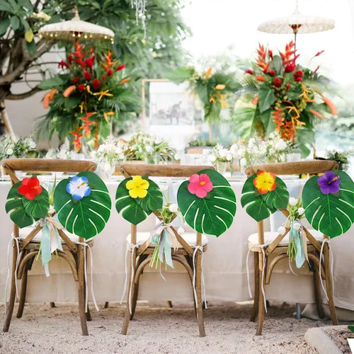 Miniatura 5 de 126 piezas de suministros para decoraciones de fiesta Luau, hojas de palma tropicales, flores de hibisco, hojas artificiales simuladas para fiestas