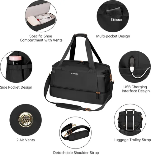 Miniatura 3 de ETRONIK Bolsa de viaje para mujer, bolsa de gimnasio con puerto de carga USB, bolsa de fin de semana con bolsillo para ropa húmeda y compartimento