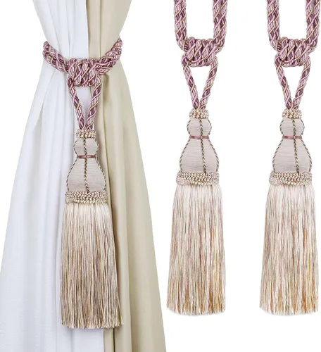 Miniatura 13 de BEL AVENIR Paquete de 2 alzapaños de cortina con borlas, grandes hechos a mano, cuerda para el hogar, oficina, hotel, elegante decorativo (beige)