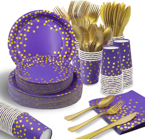 Miniatura 10 de AIRE 175 piezas Vajilla de papel negra y dorada para 25 invitados, suministros desechables para fiestas, vajilla con puntos dorados en platos 175