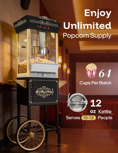 Miniatura 4 de Máquina de palomitas de maíz con carrito, máquina de palomitas retro de 12 onzas con plataforma de calentamiento, máquina de palomitas de maíz Negro
