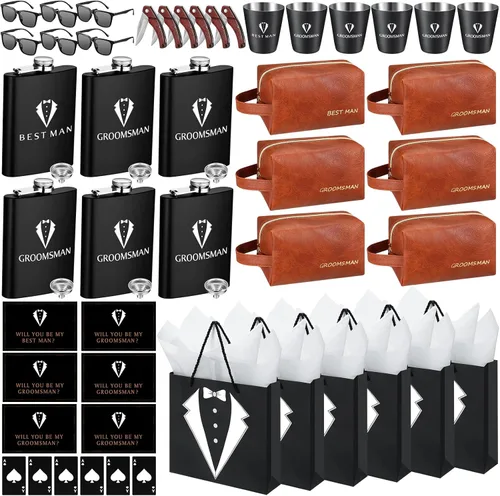Miniatura 9 de 20 piezas de regalos para padrinos de novio, caja de propuesta con matracas, gafas de sol, bolsa de aseo de cuero PU, abridor de botellas