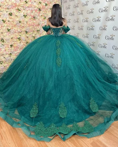 Miniatura 2 de Mouccy Vestidos de quinceañera de encaje con purpurina con cuentas y hombros descubiertos dulces 16 vestidos con tren perlado XV vestidos