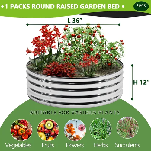 Miniatura 2 de DIIYIV 3PCS 3x3x1FT Kit de Cama de Jardín Elevada Galvanizada, Cajas para Vegetales - Caja de Flores Redonda de Metal, Camas de Plantación Grandes