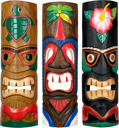 Miniatura 9 de Zeckos Juego de 2 máscaras de pared Tiki de madera tallada a mano, 39 pulgadas de alto, acabado envejecido pintado, esculturas de pared para sala