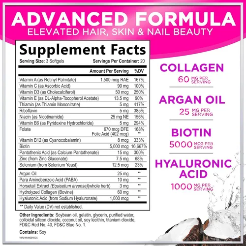 Miniatura 2 de Vitaminas para el cabello para mujeres para el crecimiento del cabello, suplemento con infusión de argán con colágeno, biotina y ácido hialurónico