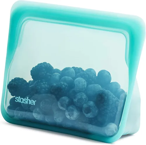 Bolsa de almacenamiento reutilizable de silicona premium de Stasher, tamaño mini con base, Aqua, apta para microondas, sous vide, lavavajillas,