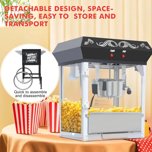 Miniatura 5 de Máquina para hacer palomitas de maíz Nyddle con carrito y hervidor de 8 onzas, máquina de palomitas estilo vintage con ruedas con vidrio templado