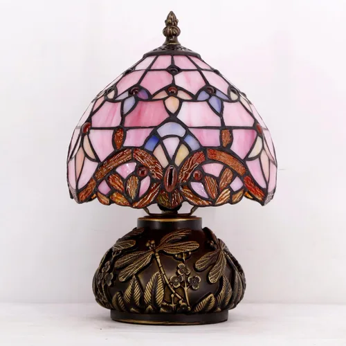Miniatura 4 de WERFACTORY Pequeña lámpara Tiffany escritorio rosa vidrieras barroco hongos lámpara de mesa bronce mini lámpara de acento W8H11 pulgadas serie S003P
