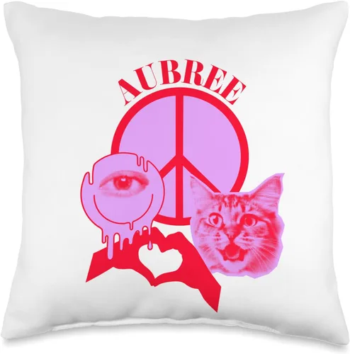 Aubree Name Personalized Peace and Karma Co. Aubree - Almohada personalizada con el nombre "I Love Retro Cat Mom", 16 x 16 pulgadas, multicolor