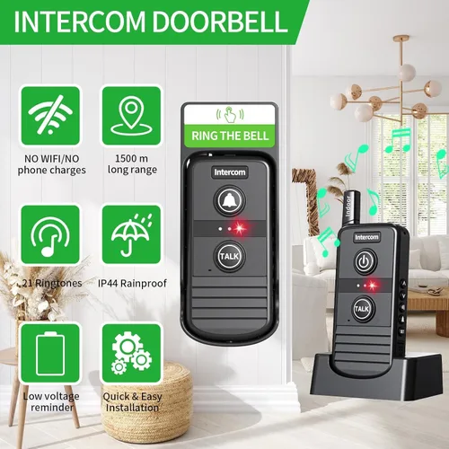 Miniatura 2 de Timbre inalámbrico, intercomunicadores inalámbricos para el hogar, sistema de intercomunicación inalámbrico de largo alcance de 4900 pies