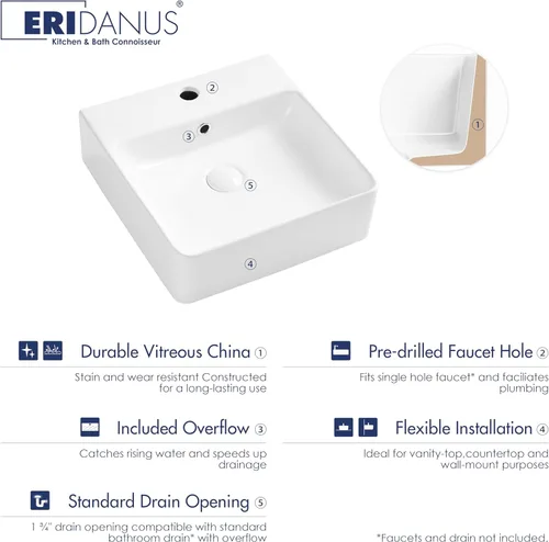 Miniatura 3 de Lavabo Rectangular de Baño de 16" x 16", Eridanus Lavabos de Montaje en Pared Lavabo Flotante de Encimera con Rebosadero, Cerámica Blanca Tipo