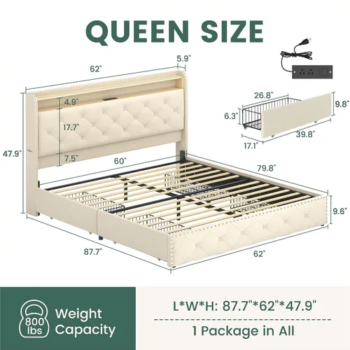 Miniatura 2 de LARMACE Base de cama tamaño Queen con 4 cajones de almacenamiento y estación de carga, marco de cama tapizado de terciopelo con cabecera LED, sin