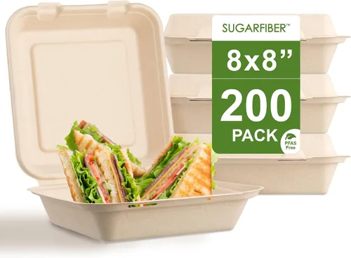 Miniatura 10 de [500 unidades] Fibra de azúcar por Harvest Pack PFAS FREE 6 x 6 pulgadas compostable Clamshell Recipientes de alimentos, contenedor con bisagras