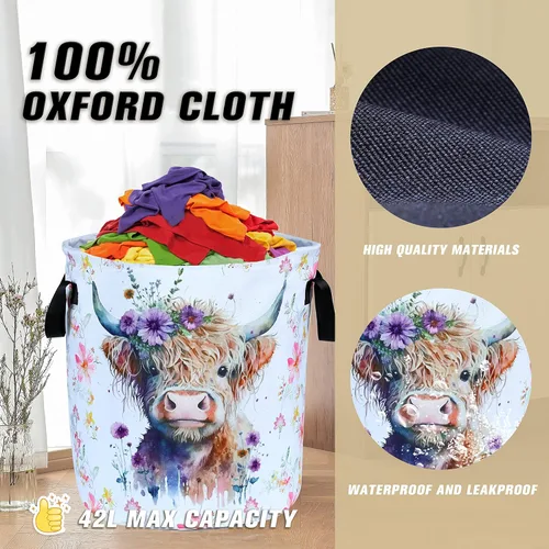 Miniatura 5 de Cesta de lavandería plegable impermeable de vacas de las tierras altas de la marca NUTAINLA, con tela Oxford, divertida bolsa de lona, cesta de Vaca