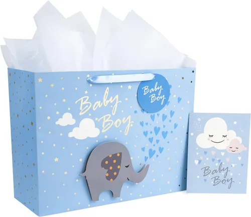 MAYPLUSS Bolsa de regalo extra grande de 16 pulgadas con tarjeta de felicitación y papel de seda blanco, lindo bebé niño 3D haciendo bolsas de