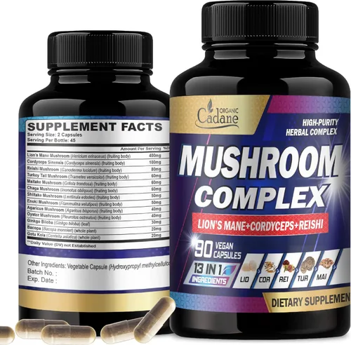 Organic Cadane Suplementos de complejo de hongos – Salud cerebral, sistema inmunológico, memoria y producción de energía – 13 en 1 con hongos melena