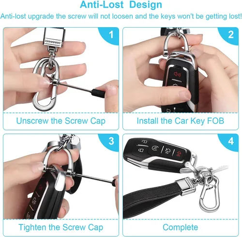 Miniatura 4 de QBUC Llavero universal de cuero genuino para automóvil, accesorios de metal resistente, llavero de automóvil con giro giratorio de 360 grados y Negro