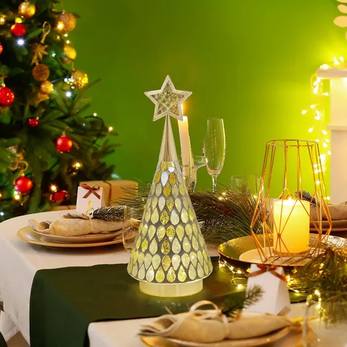 Miniatura 2 de Árbol de Navidad de vidrio con mosaico dorado con estrella, 2 piezas de árboles de Navidad pequeños de mesa con luz, árbol de Navidad a