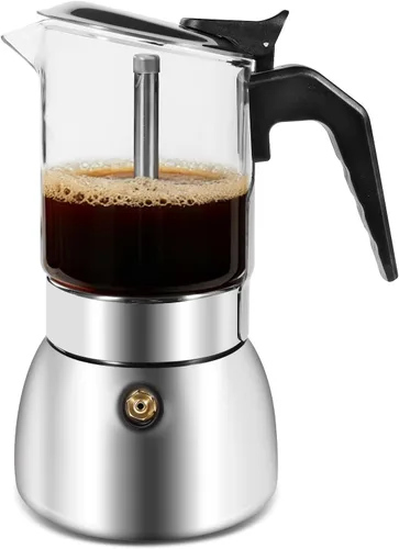 Moka Pot - Máquina de café expreso para estufa, tapa de cristal y cafetera italiana de acero inoxidable 304, cafetera de café italiano de 10.1 fl oz