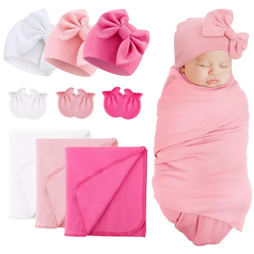 Miniatura 13 de DRESHOW BQUBO Manta para Recién Nacido con Sombrero de Moño y Guantes de Algodón, Manta de Envoltorio para Bebé Cálido, Saco de Dormir para Bebé