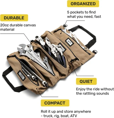 Miniatura 3 de Bolsa enrollable de herramientas oficial Voyager – Bolsa enrollable de 5 bolsillos fácil de transportar – Lona duradera de 20 onzas, cremalleras YKK