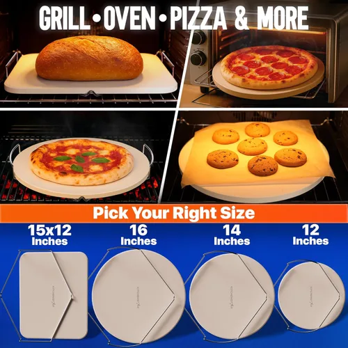 Miniatura 6 de KitchenStar Piedra para pizza de 16 pulgadas para horno y parrilla de barbacoa con asas, redonda, 5/8 pulgadas de grosor, cordierita natural