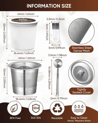 Miniatura 9 de Paquete de 2 tazas K reutilizables para Keurig 1.0 – Cápsulas de café de acero inoxidable con tapa esférica y cuchara de metal – Filtros de café