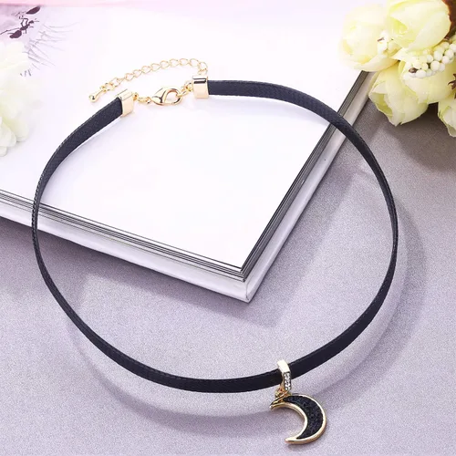 Miniatura 3 de LVEN - Gargantilla negra para mujer, collar de tono doradoplateado con elegante dije