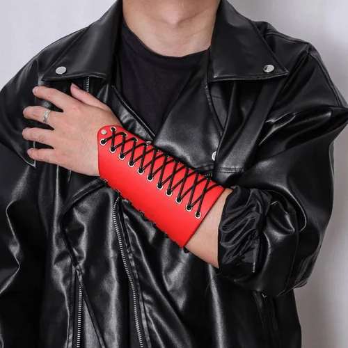 Miniatura 13 de MILAKOO 2 unids hombre negro cuero ancho guantelete pulsera de sujeción brazo armadura brazalete ajustable