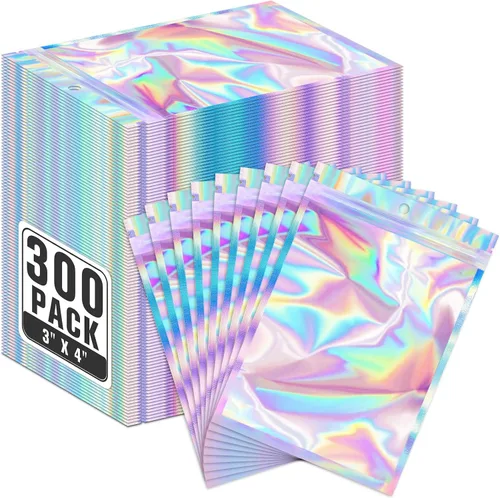 Miniatura 13 de ANZNKU Paquete de 300 bolsas multicolor para bolígrafos, bolsas holográficas de Mylar con ventana transparente, bolsas de embalaje a prueba