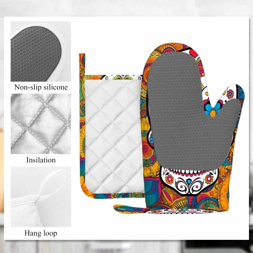 Miniatura 6 de Mxocom Art Floral Sugar Skull - Juego de guantes de silicona para horno y soportes para ollas, guantes de barbacoa para cocina, cocina, hornear