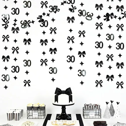 Miniatura 7 de Decoraciones de cumpleaños negras con lazo del 30 aniversario, guirnalda de lazos coquette con purpurina, pancarta serpentina para mujeres