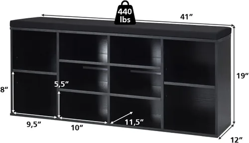 Miniatura 3 de KOTEK Banco de zapatos de madera con cojín, zapatero de 10 cubos con estantes ajustables, organizador de almacenamiento de zapatos para sala