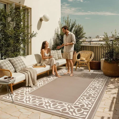 Miniatura 15 de PureCozy Alfombra de paja de plástico para exteriores, color negro, beige, grande, impermeable, para patio, 5 x 8 pulgadas, geométrica, reversible