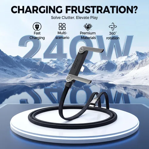 Miniatura 2 de Cable de carga rápida trenzado de 240 W con soporte de teléfono integrado en forma de T, cable USB-C plegable y duradero de 90 grados, cable USB C