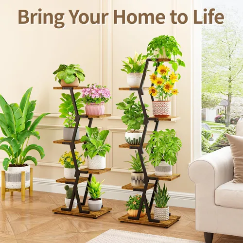 Miniatura 7 de LASZOLA Soporte para plantas de 5 niveles alto de madera y metal para interiores para macetas de servicio pesado, estante vertical grande