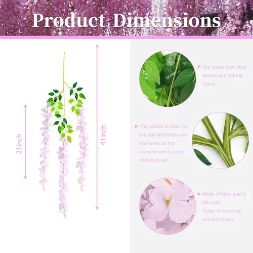Miniatura 2 de Paquete de 12 flores colgantes de glicina rosa, flores colgantes falsas de 3.44 pies, guirnalda de glicina artificial para decoración de boda, telón